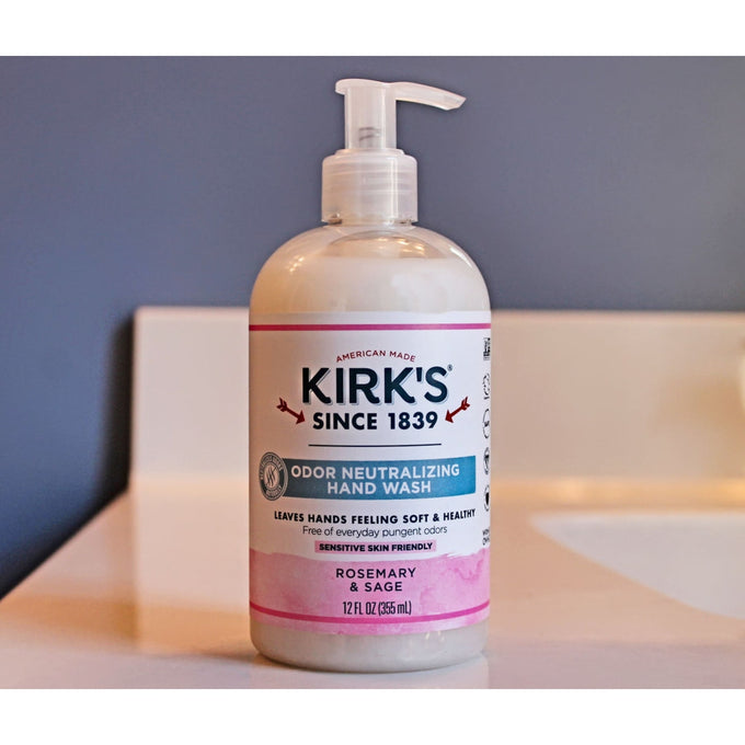 Clear pump bottle of Kirk's Odor Neutralizing Hydrating Hand Wash in rosemary and sage scent, crafted with nourishing ingredients, made in USA, ideal for Health & Wellness and Grooming collections.