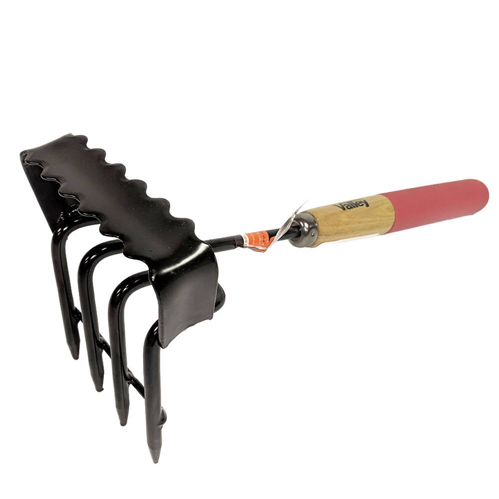 Black painted steel garden tool with four long tines and serrated crossbar, featuring a hardwood handle, ideal for farm, garden & tool, and digging and cultivating tasks.