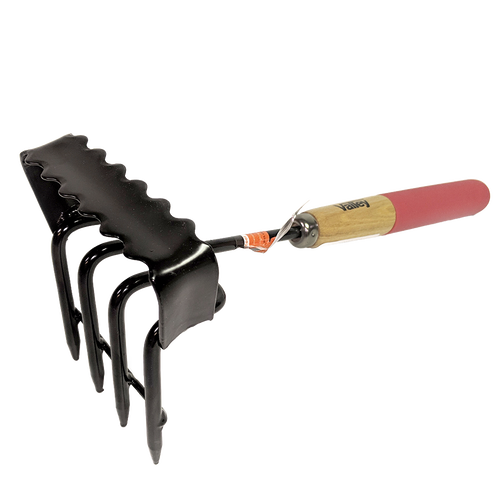 Black painted steel garden tool with four long tines and serrated crossbar, featuring a hardwood handle, ideal for farm, garden & tool, and digging and cultivating tasks.