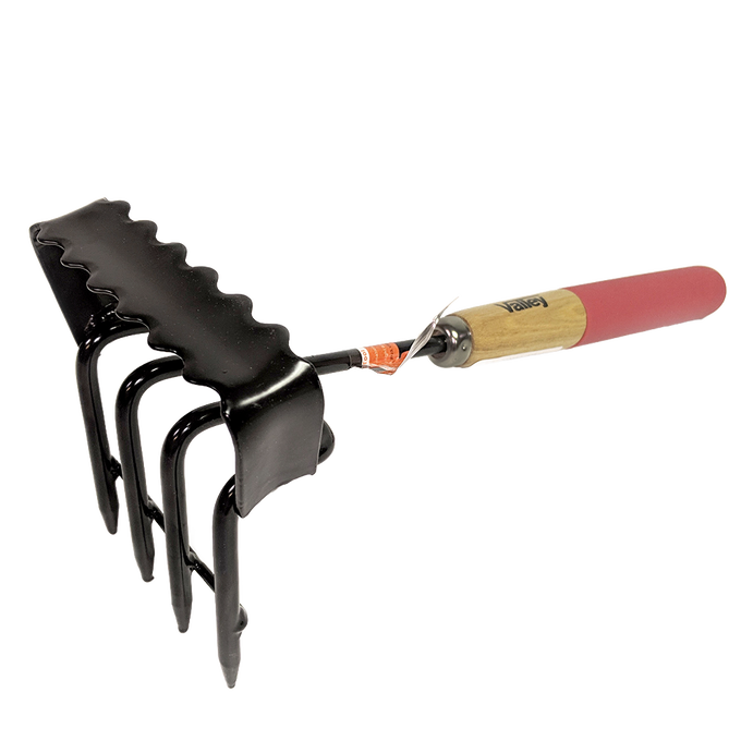 Black painted steel garden tool with four long tines and serrated crossbar, featuring a hardwood handle, ideal for farm, garden & tool, and digging and cultivating tasks.