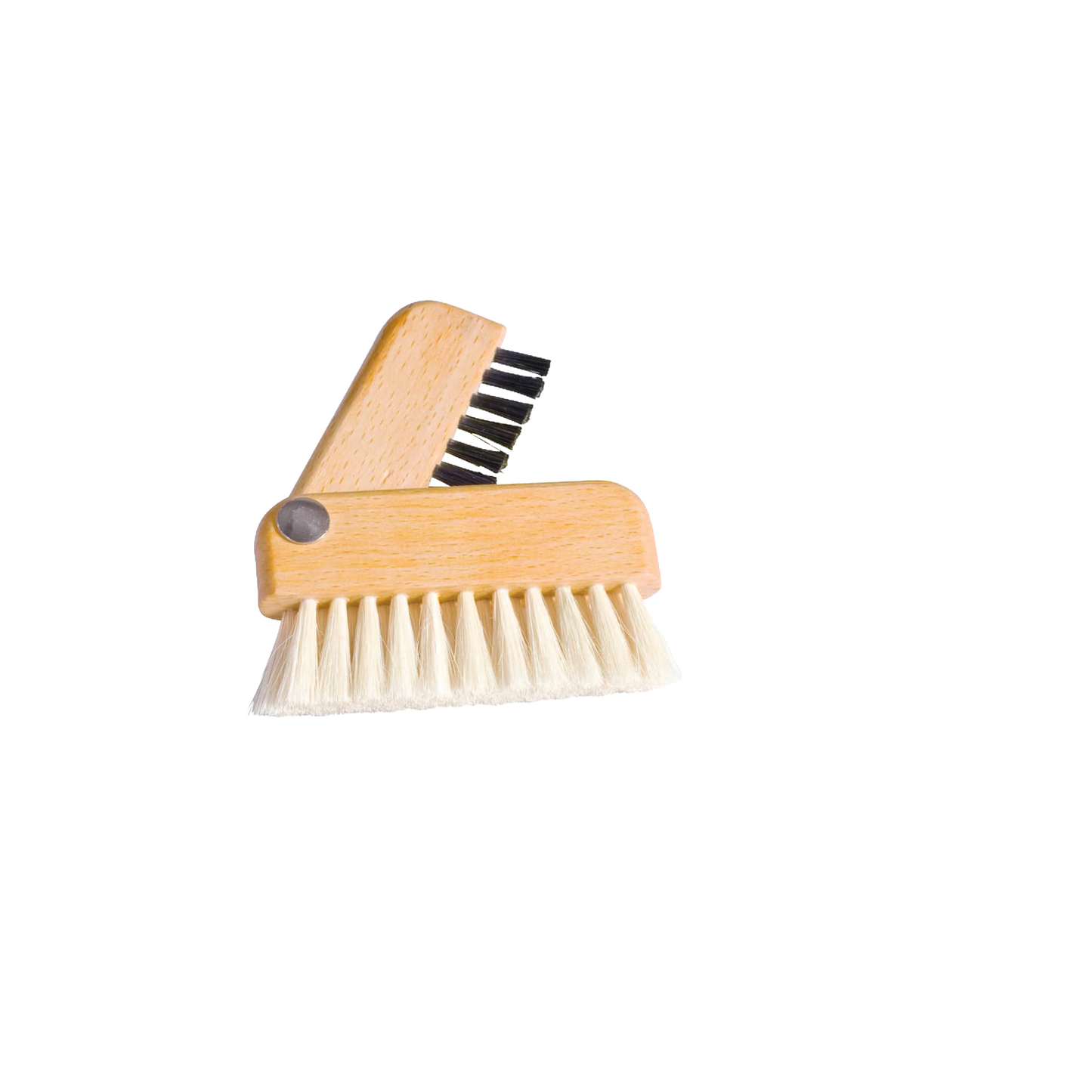 Compact handcrafted cleaning brush with pivoting wooden handle featuring two types of bristles, designed for effective keyboard and monitor dust removal in Home & Decor and Household Cleaning collections.