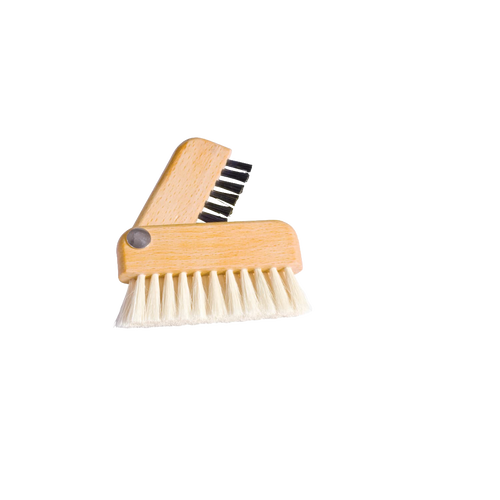 Compact handcrafted cleaning brush with pivoting wooden handle featuring two types of bristles, designed for effective keyboard and monitor dust removal in Home & Decor and Household Cleaning collections.