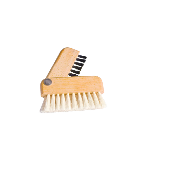 Compact handcrafted cleaning brush with pivoting wooden handle featuring two types of bristles, designed for effective keyboard and monitor dust removal in Home & Decor and Household Cleaning collections.