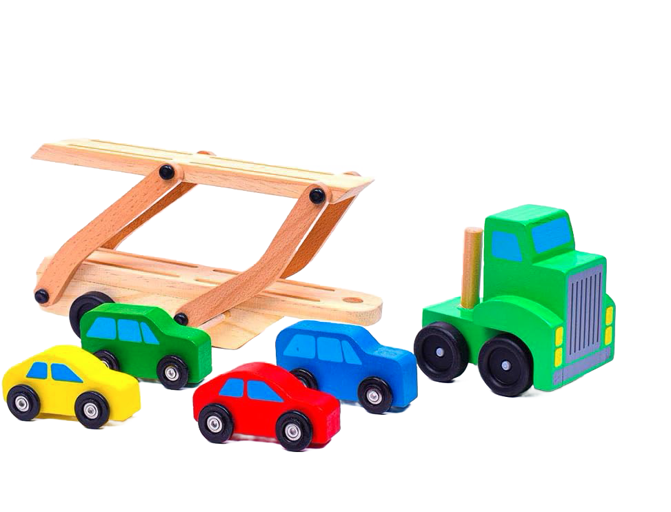 Handcrafted wooden car carrier truck with green cab and fold-down ramp, accompanied by four colorful cars in yellow, green, red, and blue, perfect for children's indoor play and wooden toys collections.