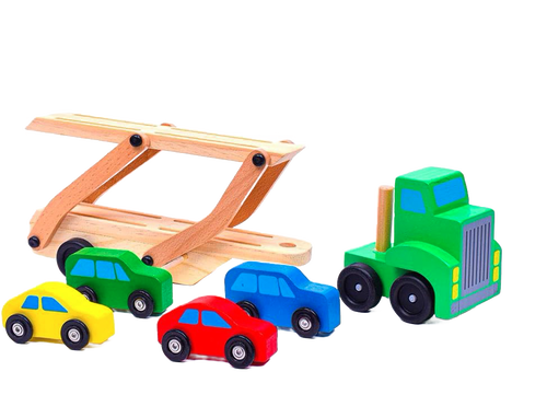 Handcrafted wooden car carrier truck with green cab and fold-down ramp, accompanied by four colorful cars in yellow, green, red, and blue, perfect for children's indoor play and wooden toys collections.