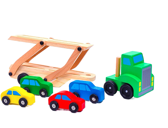 Handcrafted wooden car carrier truck with green cab and fold-down ramp, accompanied by four colorful cars in yellow, green, red, and blue, perfect for children's indoor play and wooden toys collections.