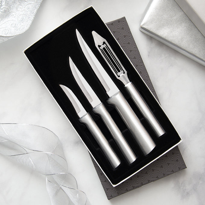 Set of four handcrafted stainless steel kitchen tools including three meal prep knives and a vegetable peeler, made in USA, ideal for Farm, Garden & Tool and Kitchen & Food collections.