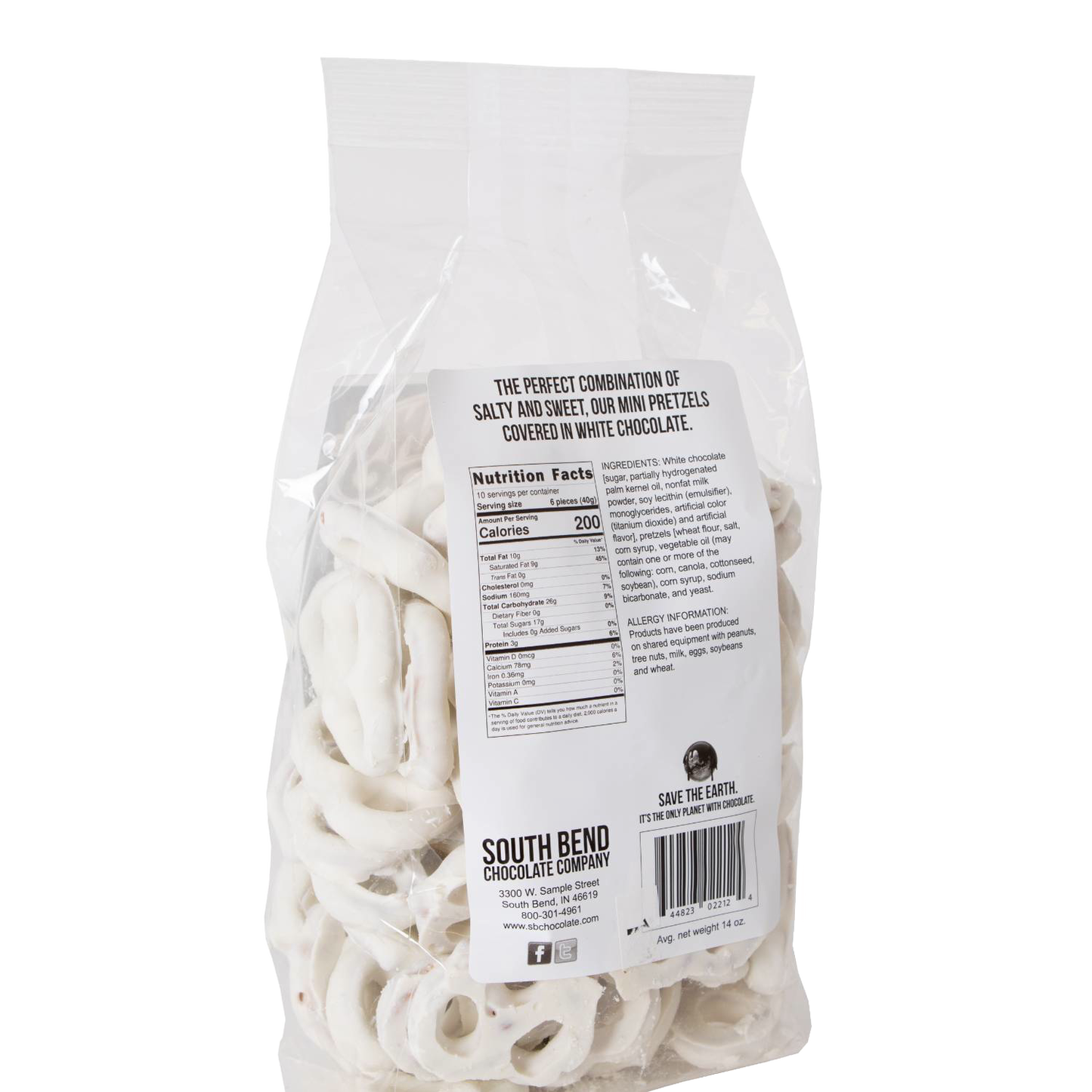 Clear resealable bag of handcrafted white chocolate covered mini pretzels made in USA, a delicious snack perfect for Kitchen & Food, Snacks and Sweets, Candy, USA Made, Best Sellers, and Promo Eligible collections.