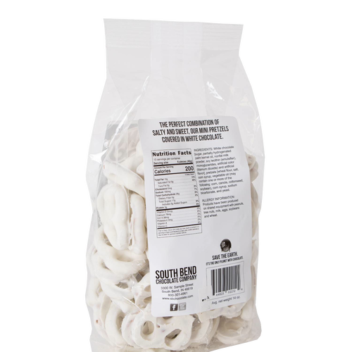 Clear resealable bag of handcrafted white chocolate covered mini pretzels made in USA, a delicious snack perfect for Kitchen & Food, Snacks and Sweets, Candy, USA Made, Best Sellers, and Promo Eligible collections.