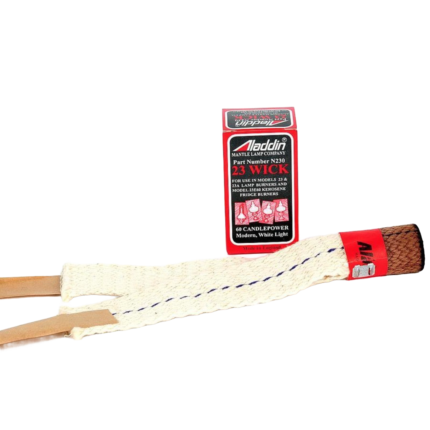 Replacement lamp wick with red metal collar alongside a box of 23 wick replacements, suitable for oil lamp maintenance in Lamps & Lighting, Parts and Accessories, and Wicks and Mantles collections.