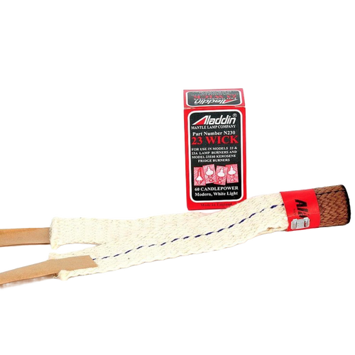 Replacement lamp wick with red metal collar alongside a box of 23 wick replacements, suitable for oil lamp maintenance in Lamps & Lighting, Parts and Accessories, and Wicks and Mantles collections.