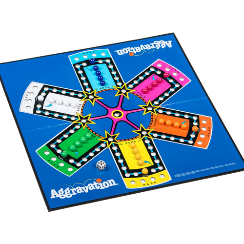 Colorful classic race board game with vibrant marbles positioned on a blue playing surface, featuring star-shaped pathways, suitable for children's toys and family game collections.