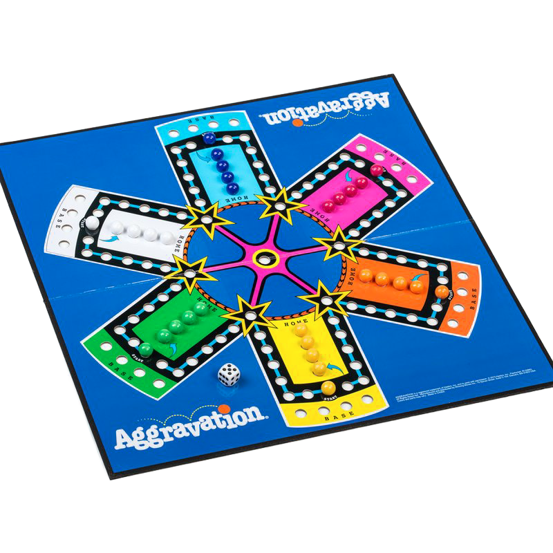 Colorful classic race board game with vibrant marbles positioned on a blue playing surface, featuring star-shaped pathways, suitable for children's toys and family game collections.