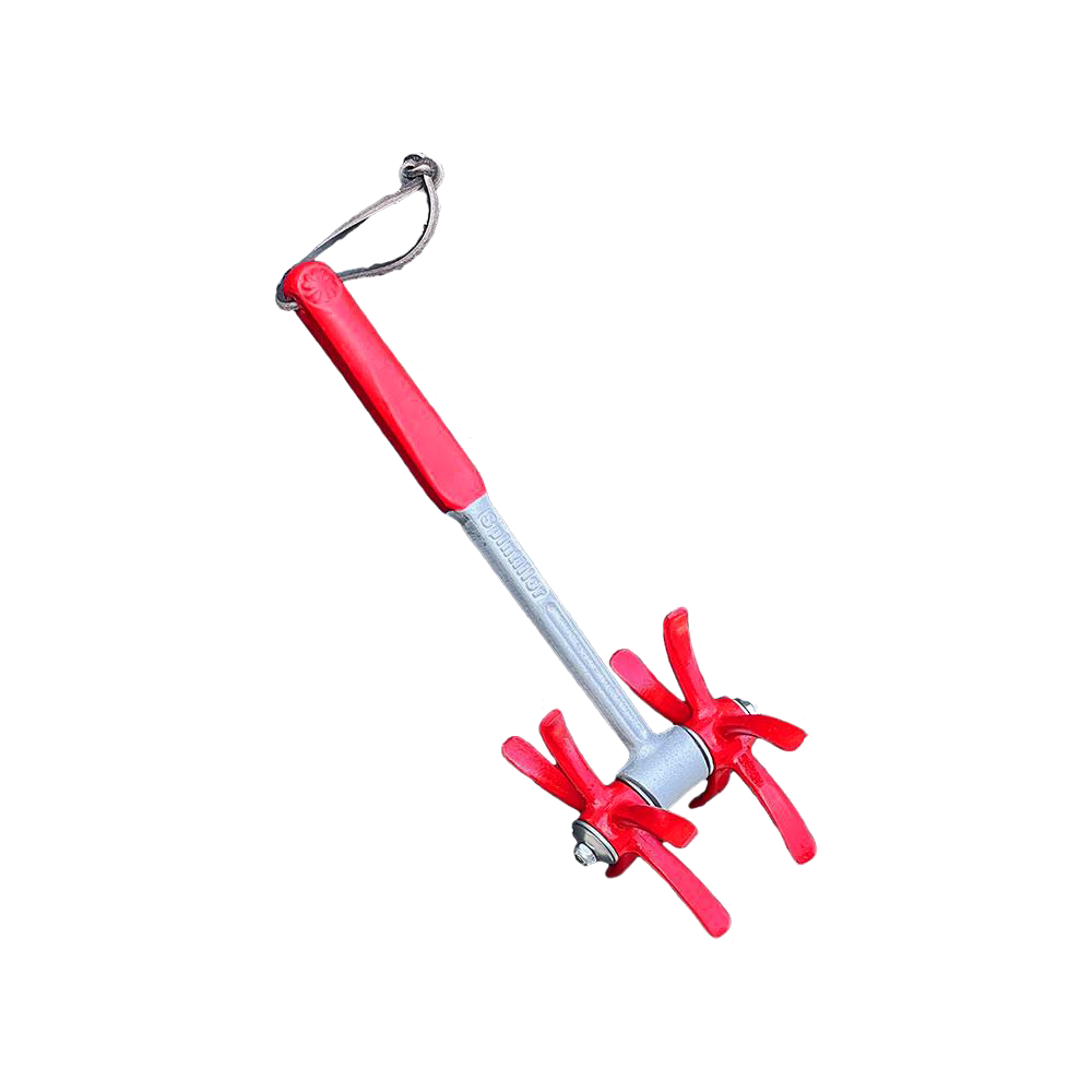 Handcrafted cultivator tool featuring a metal shaft with a red grip handle and dual curved chisel tip spider tines, designed for efficient soil tilling and weed removal in farm, garden, and best sellers collections.