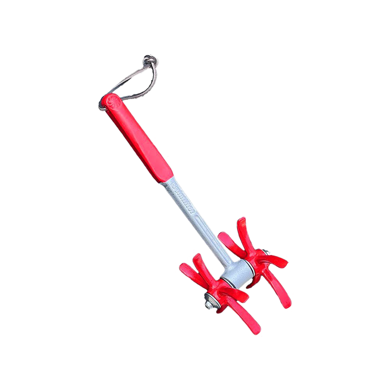 Handcrafted cultivator tool featuring a metal shaft with a red grip handle and dual curved chisel tip spider tines, designed for efficient soil tilling and weed removal in farm, garden, and best sellers collections.