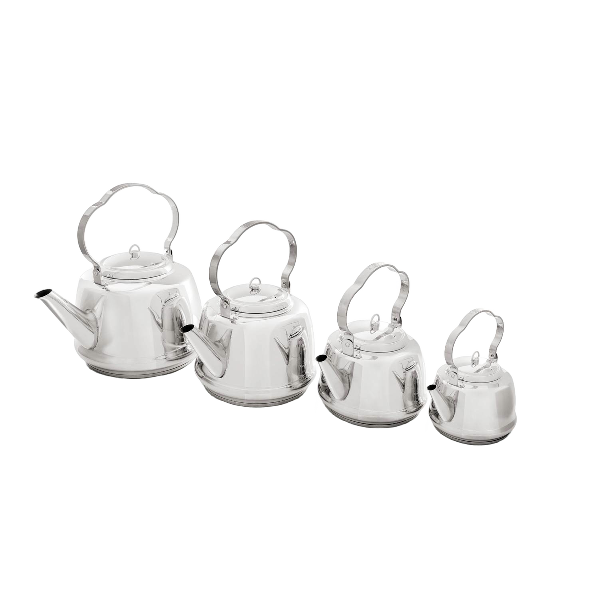 Set of four polished stainless steel teakettles with bent handles designed for easy hanging, suitable for Farm, Garden & Tool, Kitchen & Food, Camping, Brewing Coffee and Tea, and Best Sellers collections.