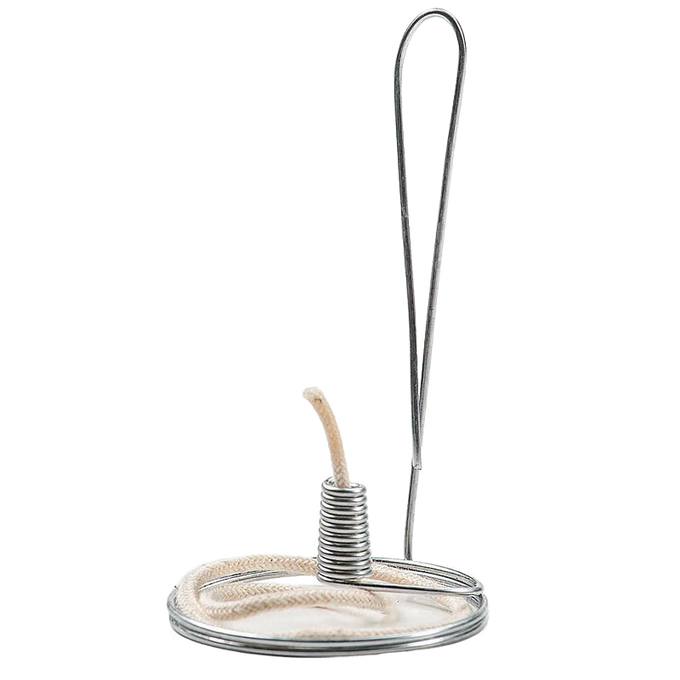 Handcrafted steel olive oil lamp part with braided cotton wick, designed for pint-sized jars, perfect for lamps and lighting, made in USA and featured in wicks and mantles collection.