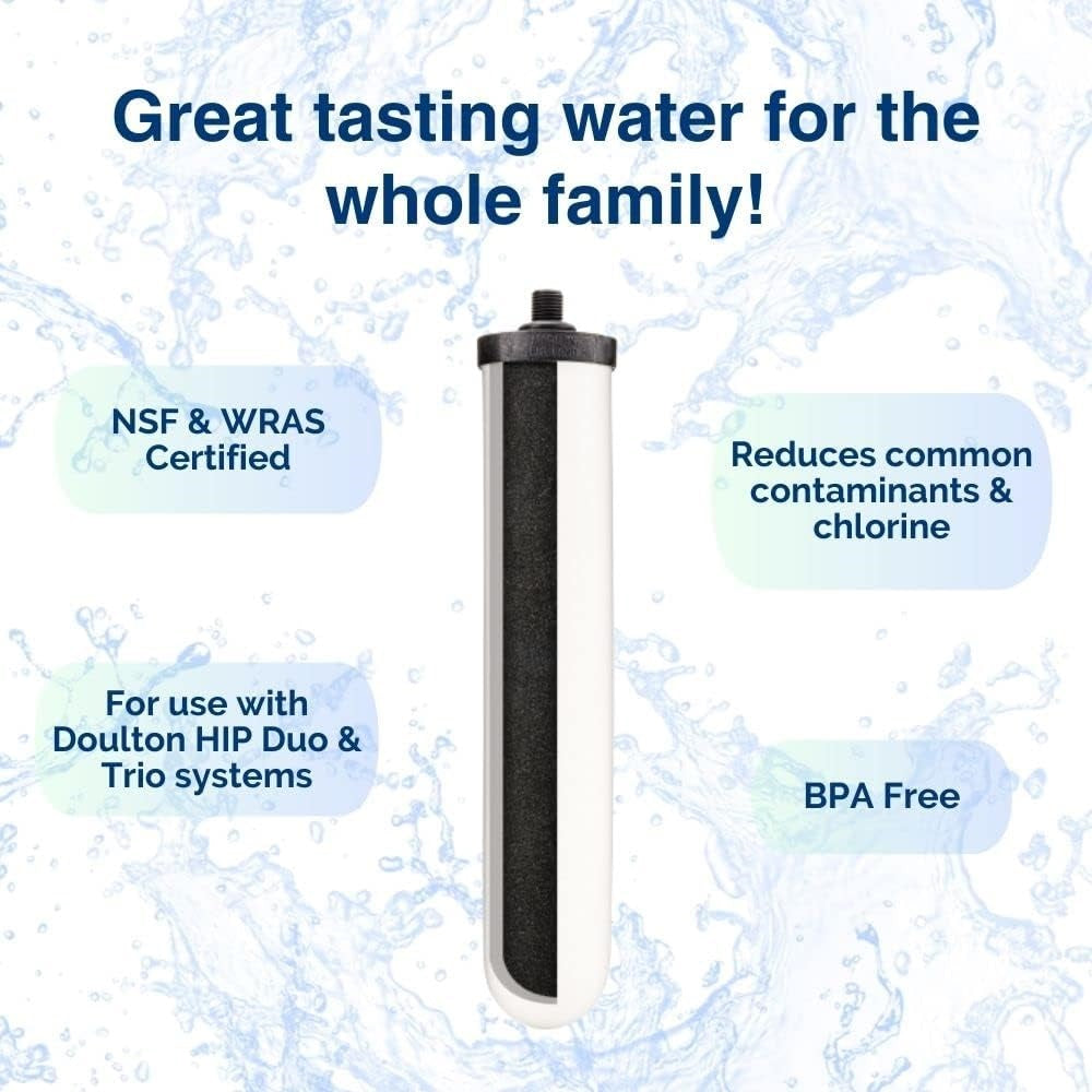 Replacement water filter element with activated carbon core designed for use in Doulton HIP Duo and Trio systems, reducing chlorine and contaminants, BPA free, featured in Appliances, Emergency Supplies, Water Heating and Treatment, Best Sellers, Promo Eligible, and Doulton & British Berkefeld Water Filters collections.