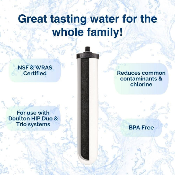 Replacement water filter element with activated carbon core designed for use in Doulton HIP Duo and Trio systems, reducing chlorine and contaminants, BPA free, featured in Appliances, Emergency Supplies, Water Heating and Treatment, Best Sellers, Promo Eligible, and Doulton & British Berkefeld Water Filters collections.
