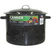 Large black enamelware water bath canner with white speckles and lid, featuring secure handles and a canning rack, ideal for food preservation and kitchen use.