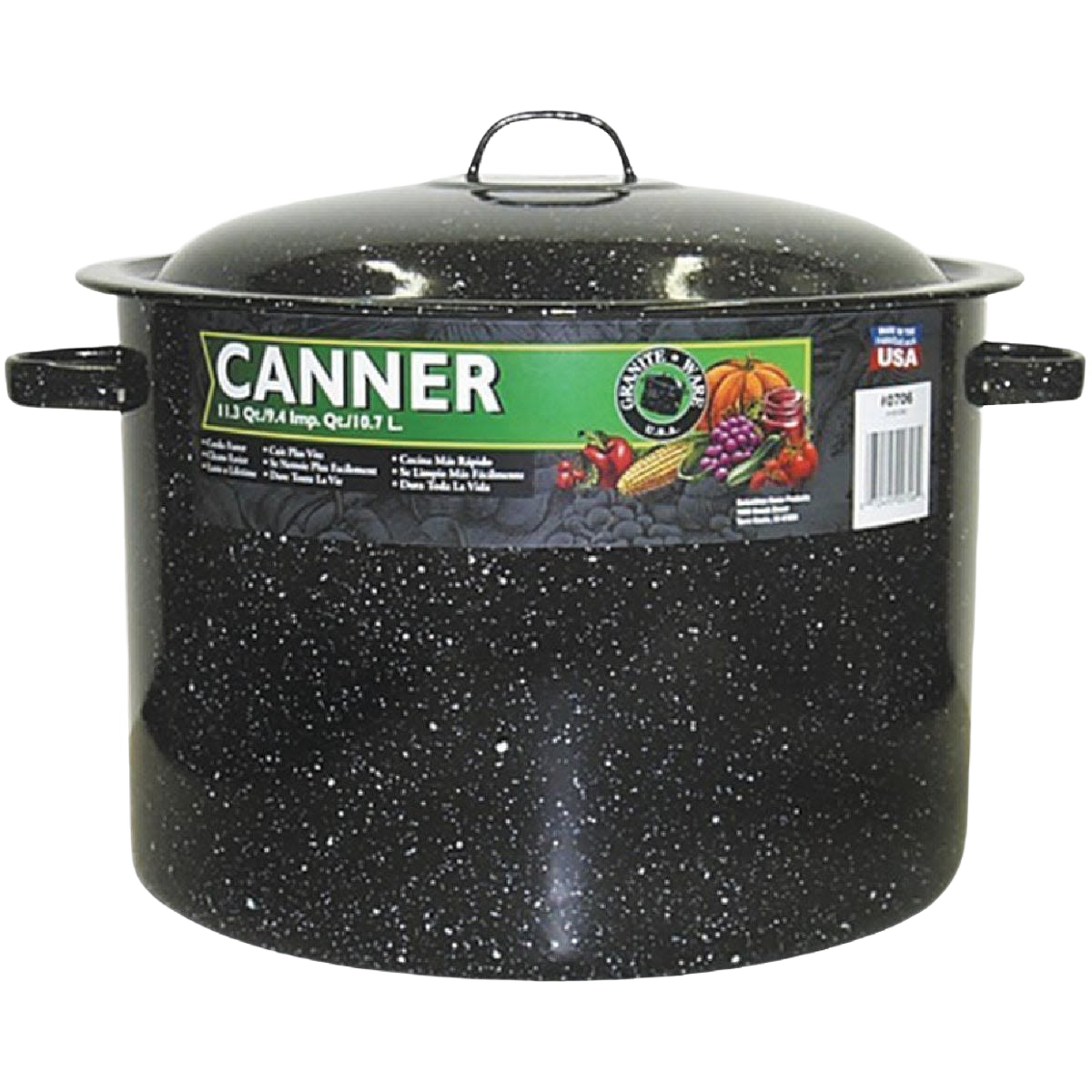 Large black enamelware water bath canner with white speckles and lid, featuring secure handles and a canning rack, ideal for food preservation and kitchen use.