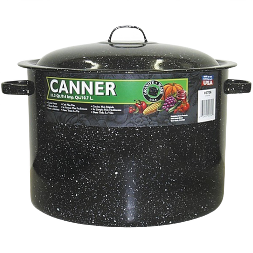 Large black enamelware water bath canner with white speckles and lid, featuring secure handles and a canning rack, ideal for food preservation and kitchen use.