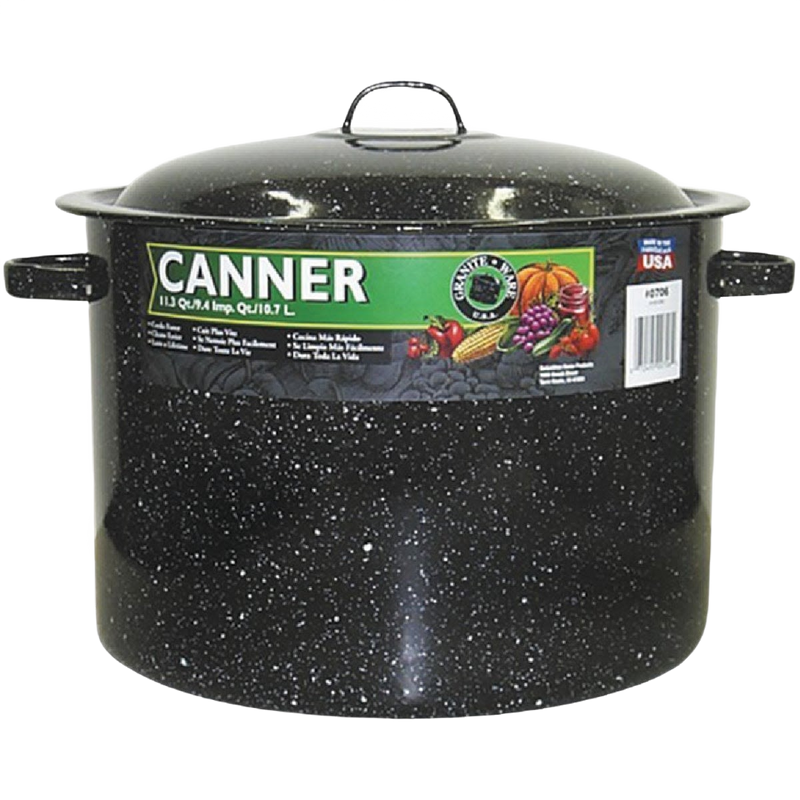 Large black enamelware water bath canner with white speckles and lid, featuring secure handles and a canning rack, ideal for food preservation and kitchen use.