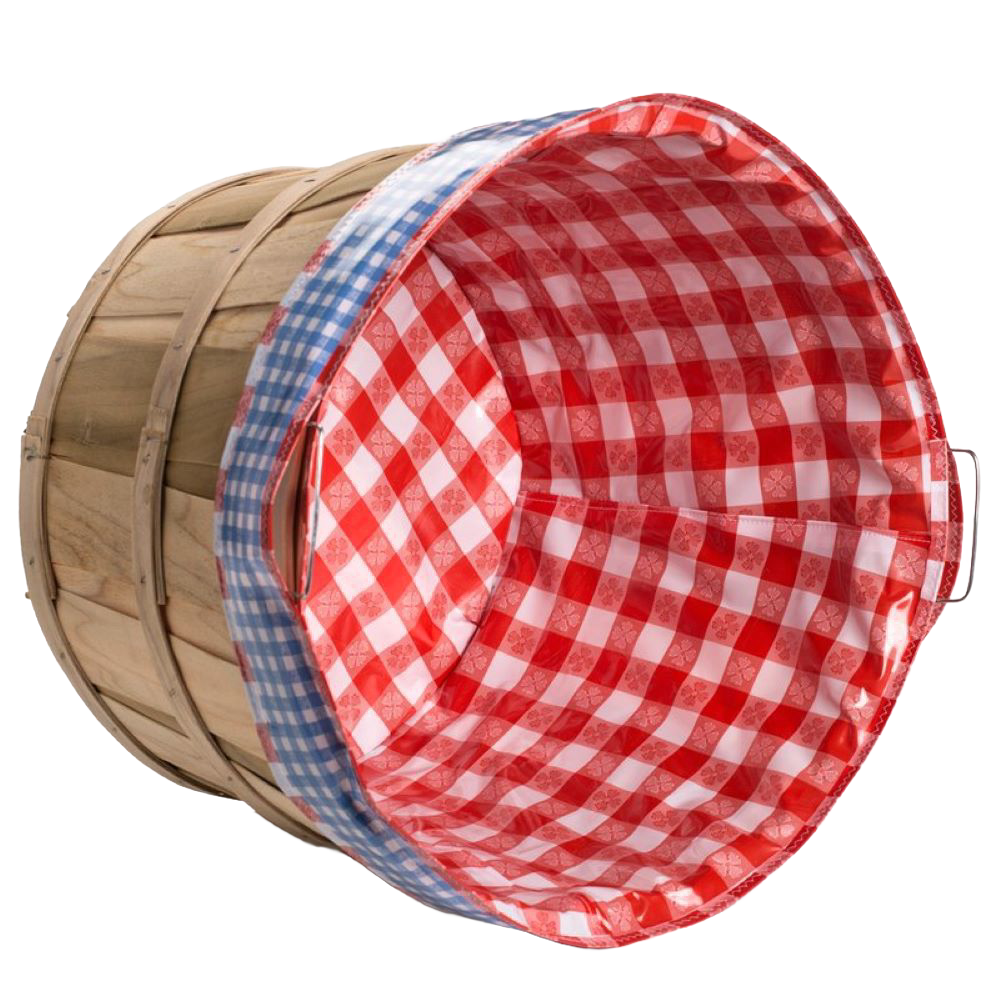 Handcrafted reusable fabric liner with red and white checkered pattern and blue gingham trim, designed to fit securely inside bushel baskets, ideal for Home & Decor and Laundry Supplies collections.