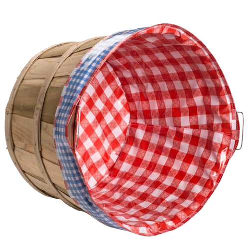 Handcrafted reusable fabric liner with red and white checkered pattern and blue gingham trim, designed to fit securely inside bushel baskets, ideal for Home & Decor and Laundry Supplies collections.