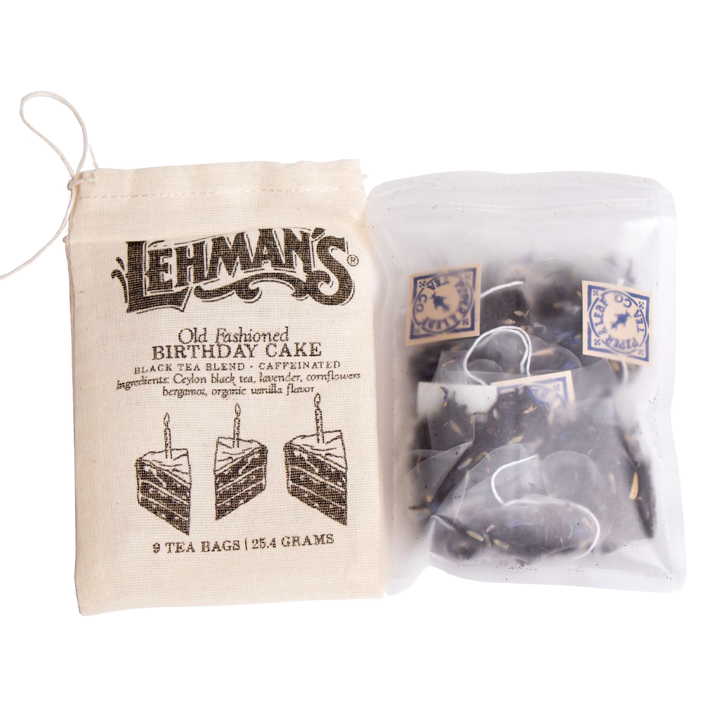 Natural cloth drawstring bag with vintage print holding nine handcrafted black tea blend bags featuring birthday cake flavor, made in USA, part of Kitchen & Food, Brewing Coffee and Tea, and Best Sellers collections.
