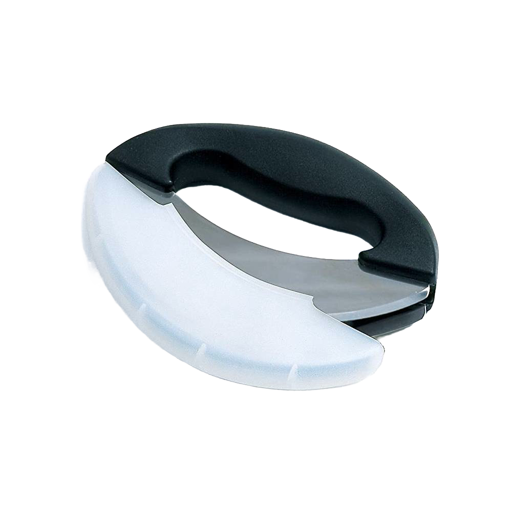 Ergonomic food chopper with dual stainless steel blades and a black handle, designed for efficient chopping and mincing in Kitchen & Food, Food Prep, and Cooking Helpers collections.
