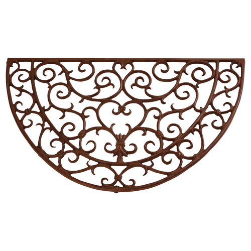 Handcrafted half-round cast iron doormat with an elegant Victorian scroll pattern, offering timeless charm and durability, ideal for Home & Decor, Best Sellers, and Promo Eligible collections.