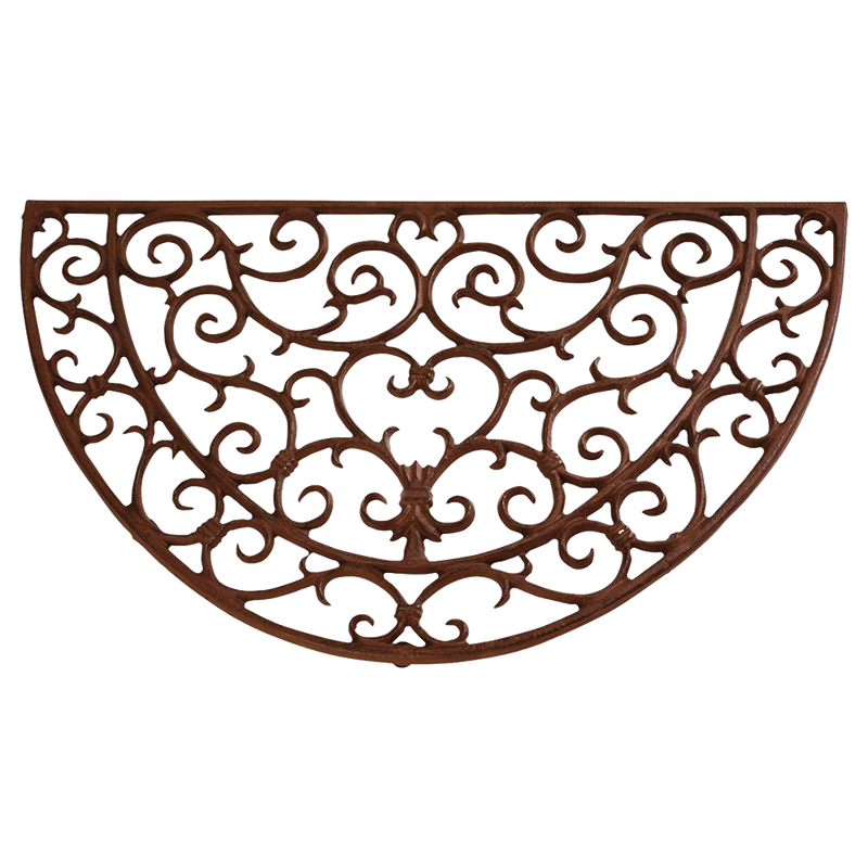 Handcrafted half-round cast iron doormat with an elegant Victorian scroll pattern, offering timeless charm and durability, ideal for Home & Decor, Best Sellers, and Promo Eligible collections.