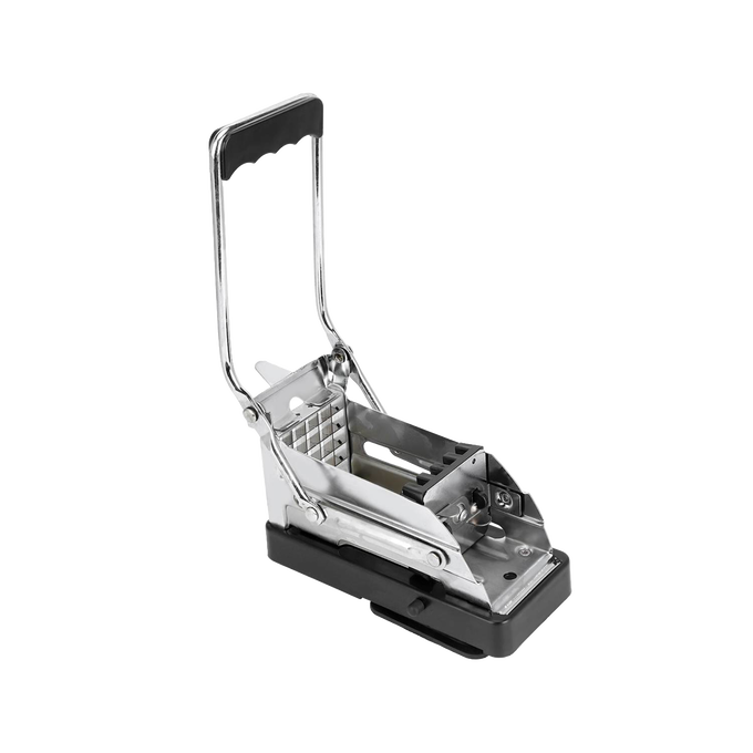 Stainless steel French fry cutter with rubberized handle and suction cup base for stability, designed for Kitchen & Food, Food Prep, Choppers and Cutters, and Best Sellers collections.