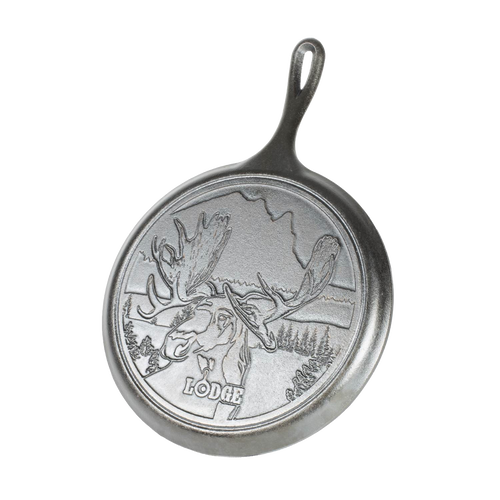 Cast iron griddle featuring a detailed bull moose design with Northwoods scenery, part of USA made cookware collections, perfect for Kitchen & Food and Best Sellers.
