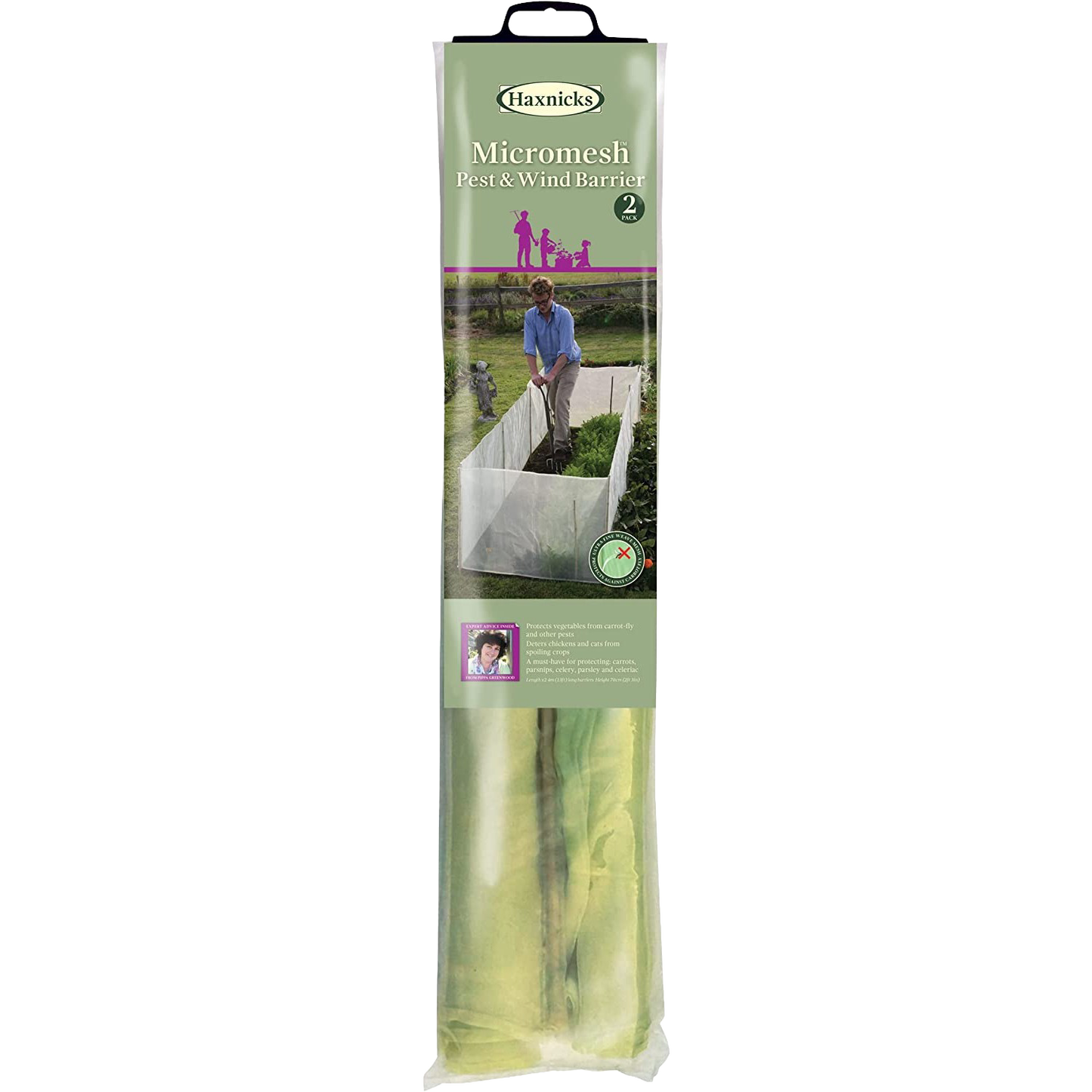 Pack of two green micromesh barriers with bamboo supports shown protecting garden rows from pests, suitable for farm, garden accessories, pest control, and planting uses.