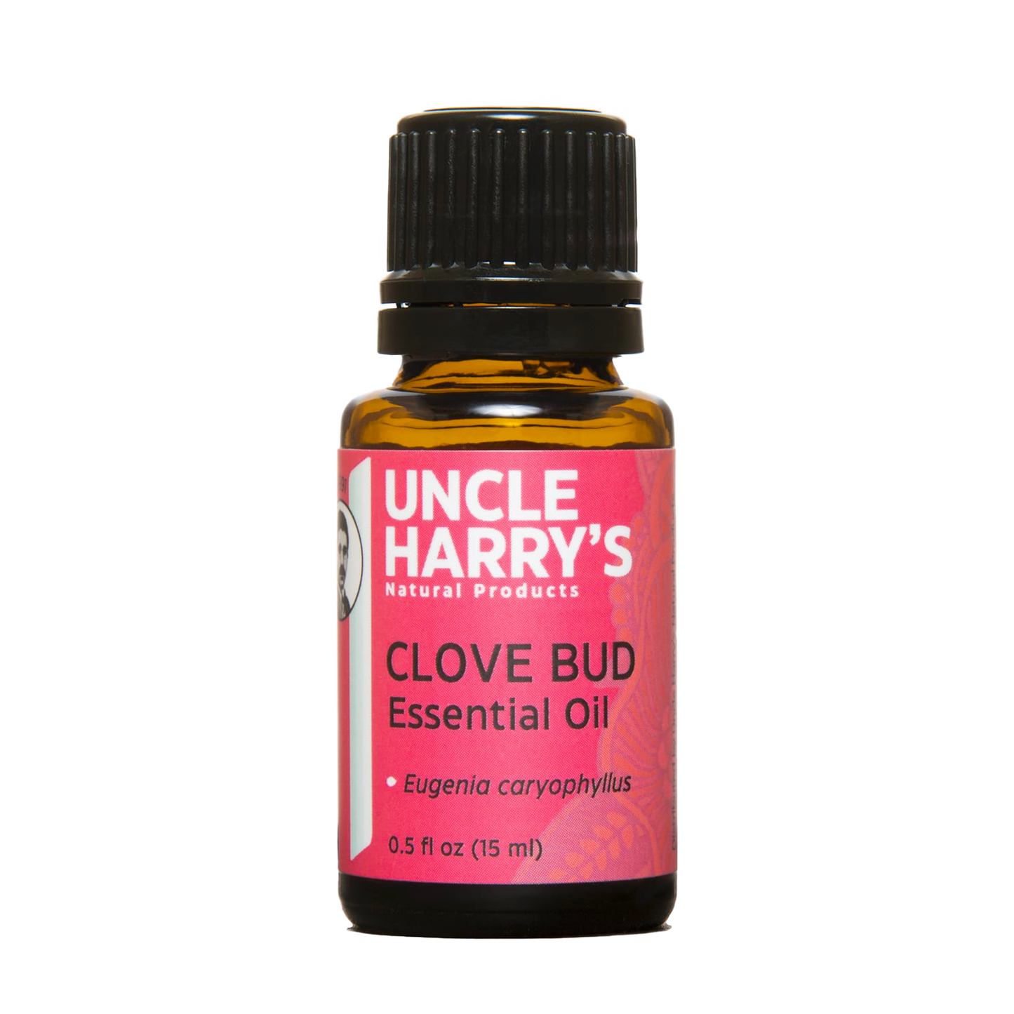Amber glass bottle of pure clove bud essential oil with black cap and dropper, handcrafted in USA, perfect for aromatherapy, soaps, candles, and health remedies.