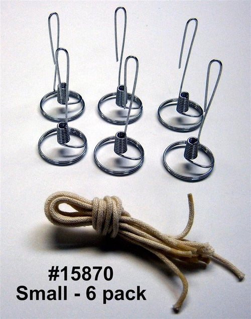 Six handcrafted steel lamp bases with coiled wick holders arranged on a white background, accompanied by a bundle of braided cotton wicks, highlighting USA made oil lamp parts in the Lamps & Lighting, Oil Lamps, Olive Oil Lamps, and Best Sellers collections.