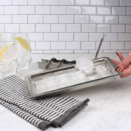 Handcrafted stainless steel ice cube tray with a release handle for easy ice removal, styled for use in Farm, Garden & Tool, Kitchen & Food, and Kitchen Gadgets collections.