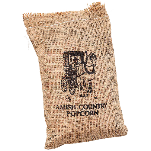 Handcrafted burlap bag filled with popcorn, featuring a silkscreened Amish Country design, ideal for Kitchen & Food, Snacks and Sweets, USA Made, and Best Sellers collections.