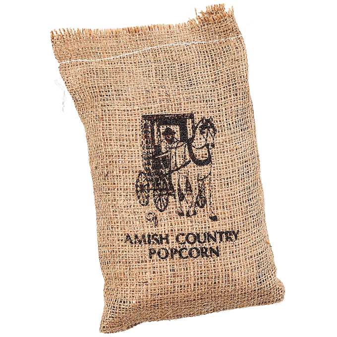 Handcrafted burlap bag filled with popcorn, featuring a silkscreened Amish Country design, ideal for Kitchen & Food, Snacks and Sweets, USA Made, and Best Sellers collections.