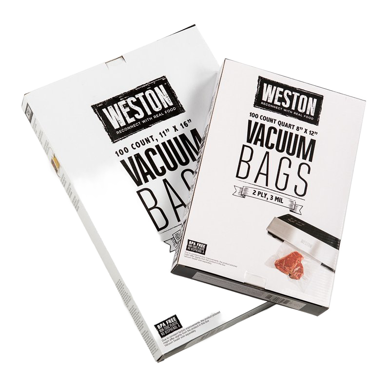 Two white boxes containing BPA-free vacuum bags with special textured lining, designed for food preservation and freezing, featured in Kitchen & Food, Food Preservation, Freezing, Best Sellers, and Promo Eligible collections.