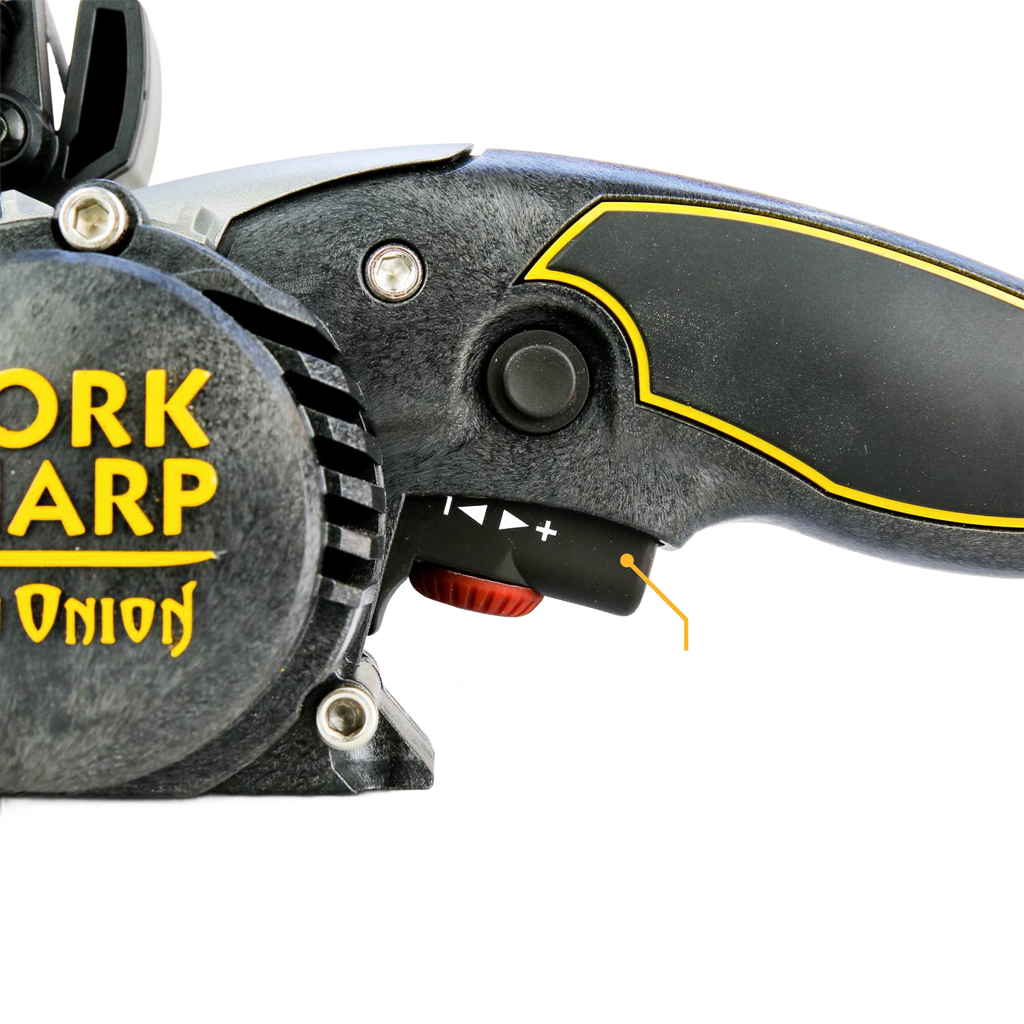 Close-up of a black and yellow handheld Work Sharp knife and tool sharpener handle with ergonomic grip and visible adjustment dial, suitable for Kitchen & Food and Food Prep collections.