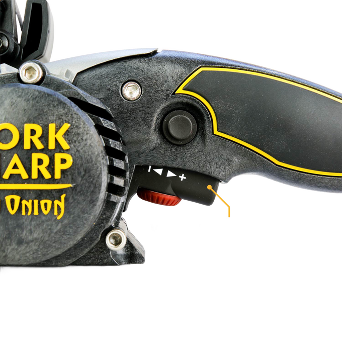 Close-up of a black and yellow handheld Work Sharp knife and tool sharpener handle with ergonomic grip and visible adjustment dial, suitable for Kitchen & Food and Food Prep collections.
