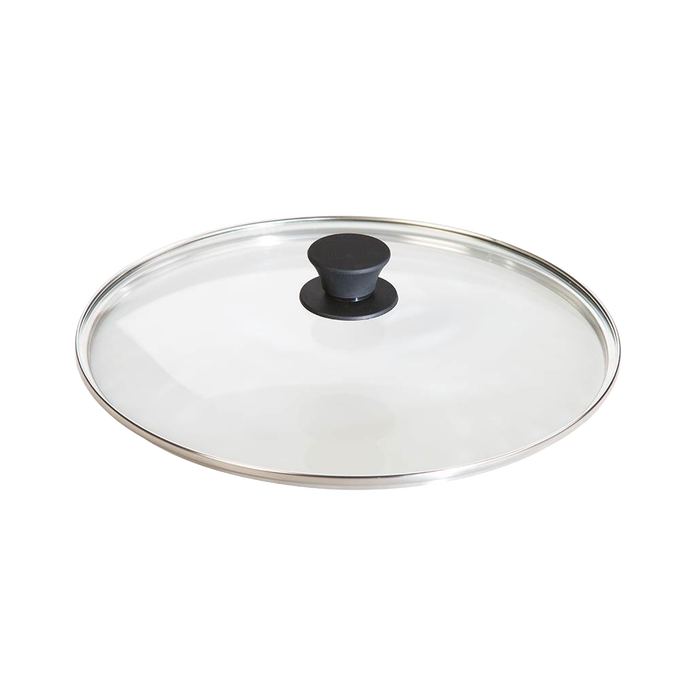 Round tempered glass lid with black knob handle and stainless steel rim, suitable for cookware in Kitchen & Food, Cookware, Cast Iron, Pots and Pans, and Best Sellers collections.