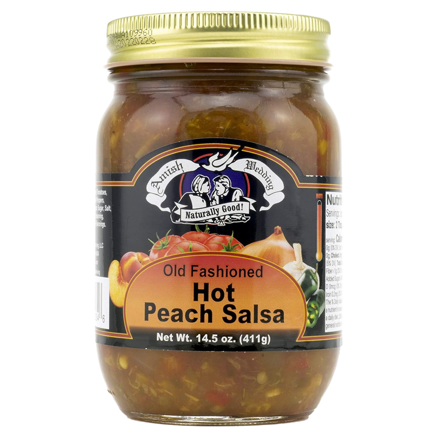 Glass jar of handcrafted Old Fashioned Hot Peach Salsa with thick, chunky texture made in USA, perfect for Kitchen & Food, Snacks and Sweets, Pantry, and Best Sellers collections.