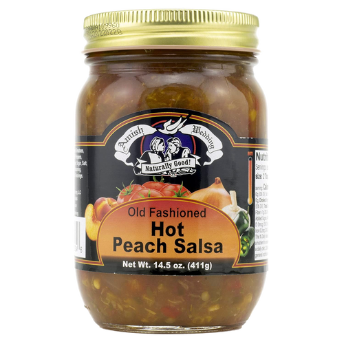 Glass jar of handcrafted Old Fashioned Hot Peach Salsa with thick, chunky texture made in USA, perfect for Kitchen & Food, Snacks and Sweets, Pantry, and Best Sellers collections.
