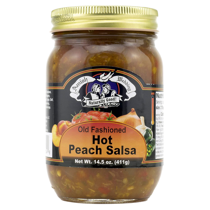 Glass jar of handcrafted Old Fashioned Hot Peach Salsa with thick, chunky texture made in USA, perfect for Kitchen & Food, Snacks and Sweets, Pantry, and Best Sellers collections.