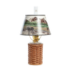 Handcrafted Amish-made wicker oil lamp base paired with a parchment shade featuring a detailed Rocky Mountain wildlife scene, ideal for Lamps & Lighting and Emergency Supplies collections.