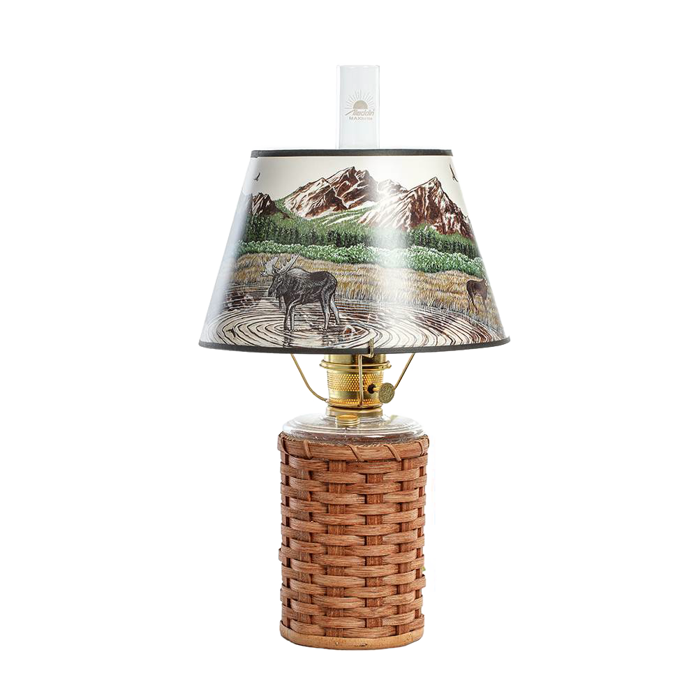Handcrafted Amish-made wicker oil lamp base paired with a parchment shade featuring a detailed Rocky Mountain wildlife scene, ideal for Lamps & Lighting and Emergency Supplies collections.